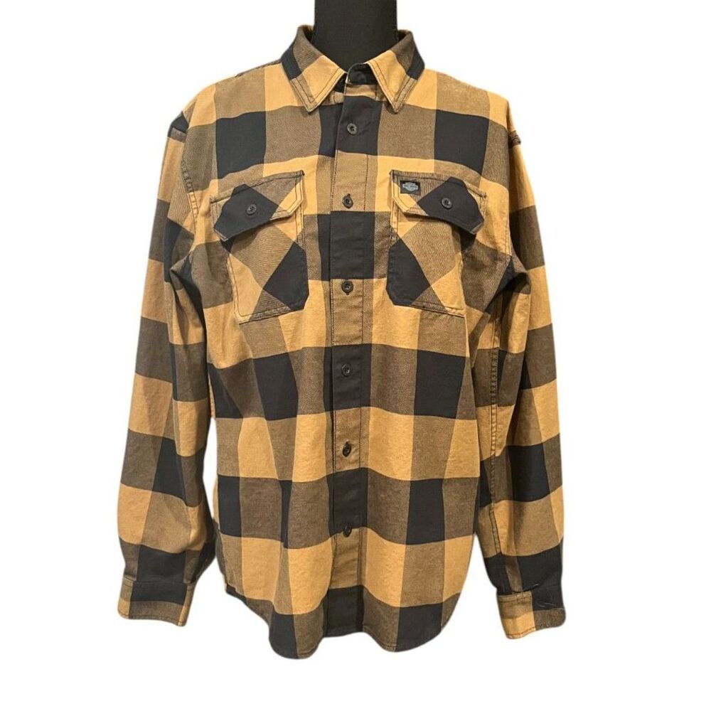 HARLEY DAVIDSON Men's Black/Gold 100% Cotton Plaid Long Sleeve Shirt Sz M